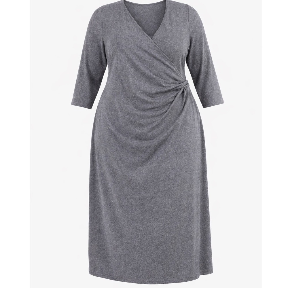 Plus Size 2X Gray Faux Wrap Dress Stretch 3/4 Sleeve Work Office Comfort NEW